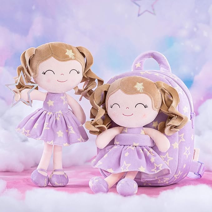 Gloveleya 3.5L Curly Hair Plush Figures Dress Backpack - Purple Star, 9 inches, 3.5 liters