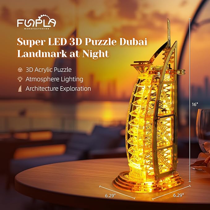 LED 3D Puzzle for Adults – 3D Wood Puzzle Architecture Building Model Kit – Super LED Dubai Landmark at Night – 3D Puzzles Home Décor Gift,Gold