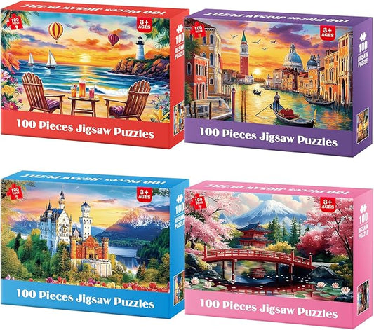100 Piece Puzzle World Famous Landscapes Jigsaw Puzzles Large Piece Puzzles for Adult Seniors Kids Puzzles for Kids Ages 4-6 6-8 Learning Educational Toys Gifts for Girls Boys 4 Packs