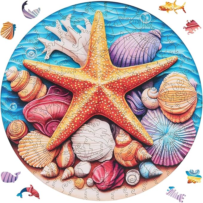 Wooden Puzzles for Adults 500 Pieces, Blue Starfish Jigsaw Puzzles, Adult Puzzle, Home Decor Gift Family Brain Game for Men Women Elders Seniors, 16.5x16.5 inch