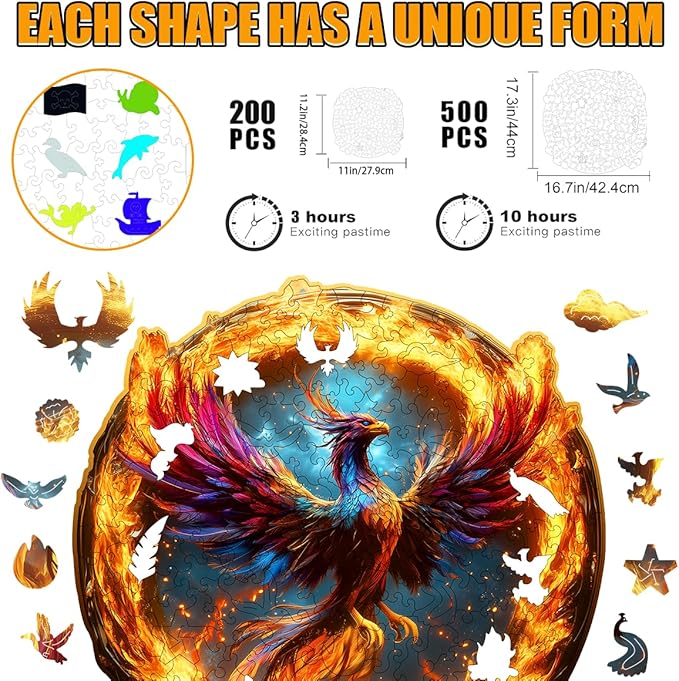 Wooden Jigsaw Puzzle, 200-500 Pieces Unique Shape Animal Puzzle, for Adults & Kids, Birthday Gift Family Game, Decorative Puzzle, Unique Gift (Aether Phoenix, 300 PCS)