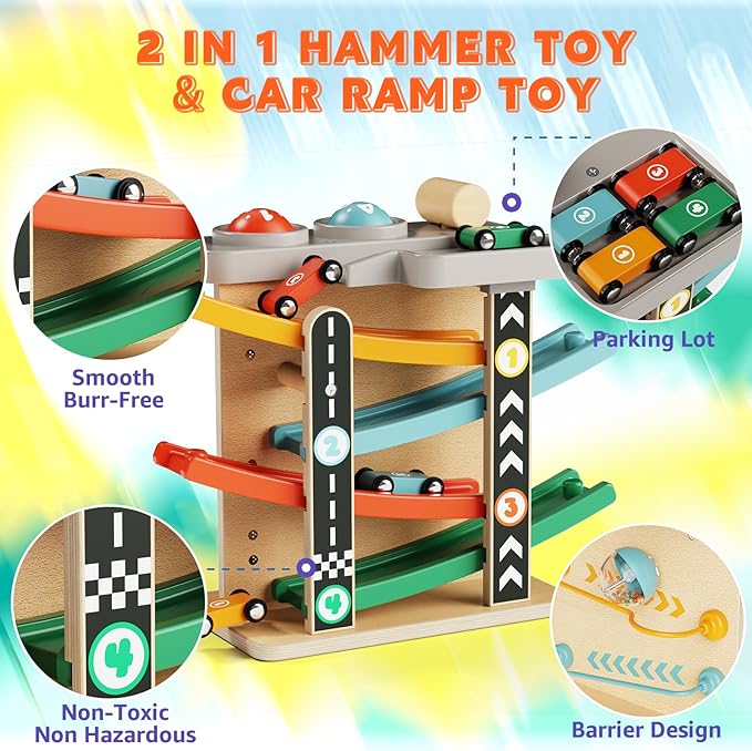 Toddler Toys for 1 Year Old Boy Girl 2 in 1 Pound Ball Toy & Car Ramp Race Track Learning Early Developmental & Educational Montessori Toys for Toddler 1-3 Year Old Birthday Gifts