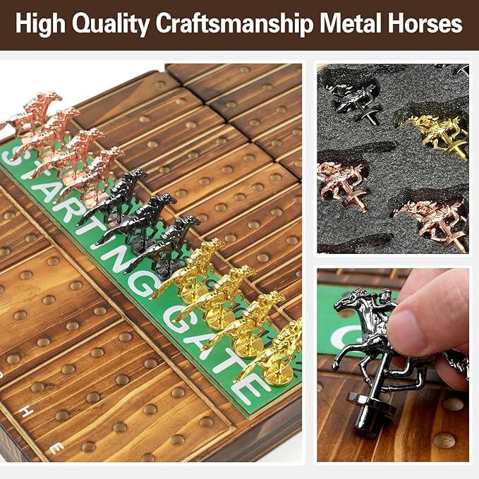 FUNNYB&G 21 inches Horse Race Board Game Foldable Large Horse Racing Game for Adults with 11 Metal Horses, Solid Wood 60 Pcs Poker Chips 2 Dice 1 Pack of Cards for Family Tabletop Parties(Brown)