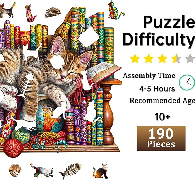 Jigfoxy Wooden Puzzles for Adults, Cat Wood Puzzles Adult, Unique Animal Shape Wooden Jigsaw Puzzles for Adults, Birthday Gifts for Puzzle Lovers, Family, Friend (M-11.4 * 9.2in-190pcs)