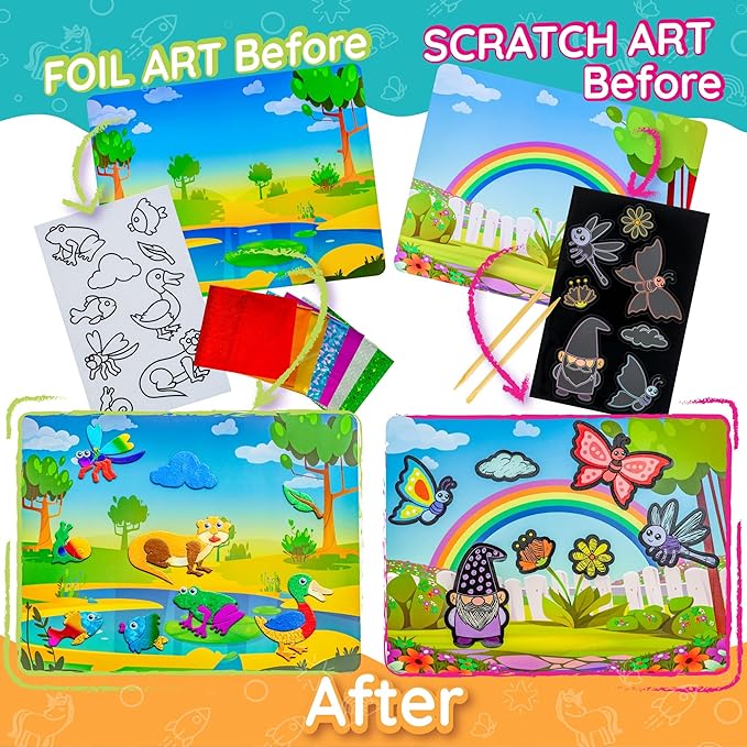 Craftikit ® Award-Winning Foil Art & Rainbow Scratch Art for Kids - 2-in-1 Arts and Crafts Kit for Kids Ages 4-10 - Animal Theme for Girls, Boys & Toddlers Ages 4, 5, 6, 7, 8, 9, 10