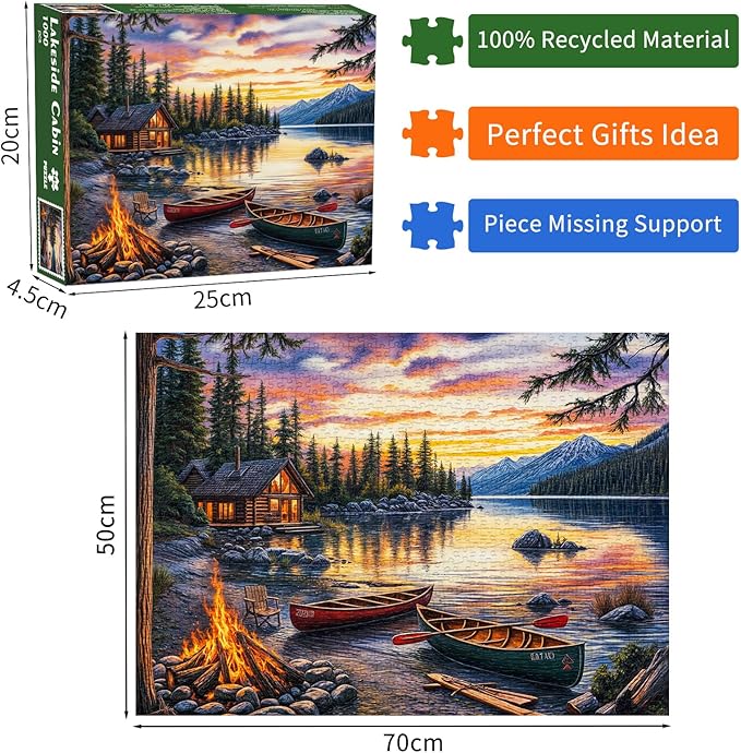Lakeside Cobin Jigsaw Puzzles 1000 Pieces for Adults Cozy Campfire Canoes 1000 Piece Jigsaw Puzzles for Adults