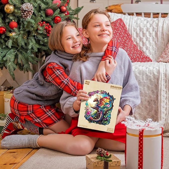 Wooden Puzzles for Adults - Dragon in Moonlight Wooden Jigsaw Puzzle, Unique Animal Shaped Wood Puzzles Adult, Christmas Birthday Gifts for Friends/Family, Home Decor 8.5 * 6.9in 85pcs