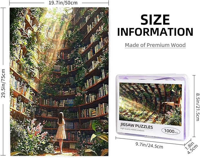 Library Jigsaw Puzzle 1000 Pieces，Library Bookshelf Jigsaw Puzzles,Plant Bookshelf Puzzles, Library Retro Aesthetic 1000 Pieces Puzzle Art, Botanical Literary Theme Difficult Challenging Hard Puzzle