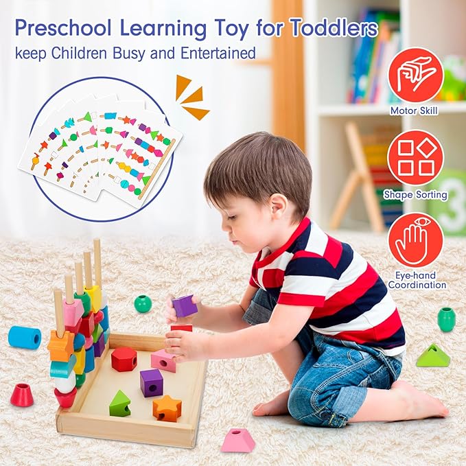 Montessori Wooden Lacing Beads Toys for 2 3 4 Year Old Toddler Kids, Sequencing & Stacking Block Toy with Storage Box, STEM Preschool Learning Toys, Christmas Birthday Gifts for Boys Girls
