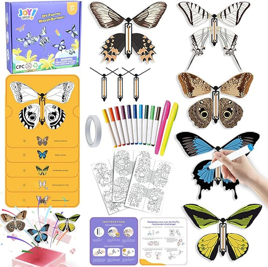36 Pack Painting Butterfly Craft Kit for Kids, 24 Paper Butterflies and 12 Color Pens, Rubber Band Wind Up Butterfly Toy, Make Your Own Magic Flying Butterflies, School Activity,Surprise Card