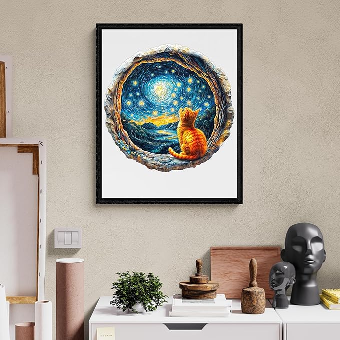 Jigfoxy Wooden Puzzles for Adults, Starry Night Wood Puzzles Adult, Unique Animal Shape Wooden Jigsaw Puzzles for Adults, Birthday Gifts for Puzzle Lovers, Family, Friend (S-8.5 * 8.3in-100pcs)