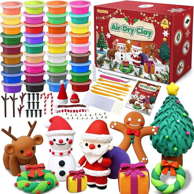 ESSENSON Air Dry Clay Christmas Kit, 36 Colors DIY Modeling Clay Craft Set with Accessories, Christmas Stocking Stuffers for Kids, Xmas Gift for Girls Boys