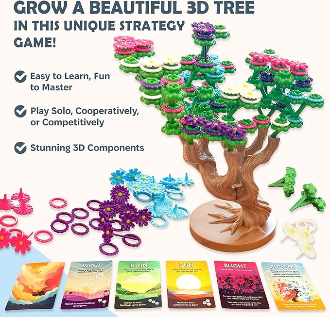 Bloomchasers 3D Flower Stacking Tree Building Board Game for Families and Adults, Light Strategy, Beautiful, Fun & Competitive, Base Game + Expansion, 1-6 Players, Age 12+