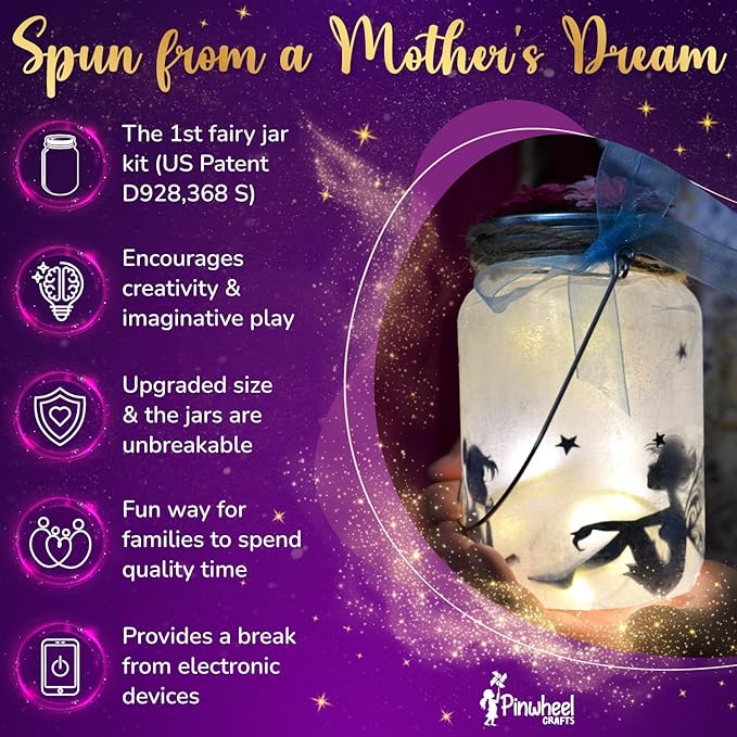 Pinwheel Crafts Fairy Lantern Toy for Kids Age 6-8 8-12+ Years - Make Your Own Night Light - Fairy Jar Gift for Girls with Led Light - Arts & Crafts Set, Pack of 2