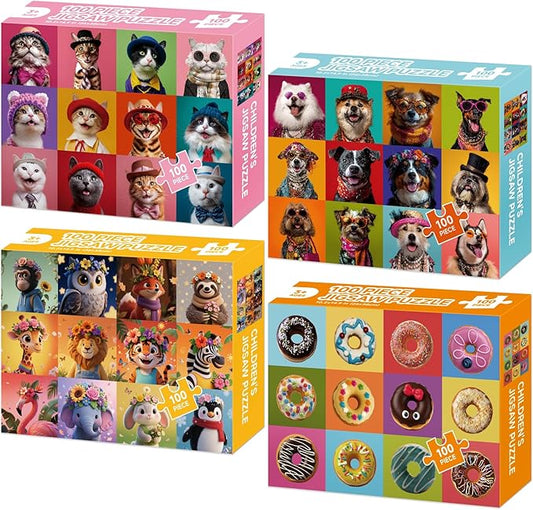 100 Piece Puzzles for Kids Ages 4-6 6-8 8-10, 4 Packs Cute Animals Dogs Cats Donuts Kids Puzzles Ages 3-5 4-6 5-8, 100 Large Piece Puzzle for Adults Seniors, Educational Jigsaw Puzzles Gift (15x10 in)