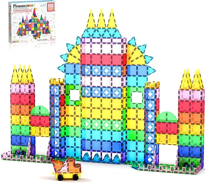 PicassoTiles Magnetic Tiles 152pcs Mirror Theme Magnet Tile Building Blocks STEM Sensory Toys with Car for Kids Toddlers Boys Girls Age 3+ Educational Learning Construction Play Set PT152