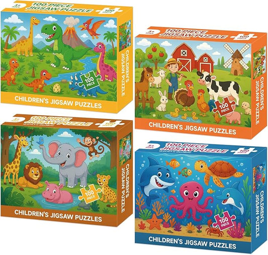 4-Pack 100 Piece Puzzles for Kids Ages 4-6 6-8 8-10, Farms Dinosaurs Seaworld Wildlife Kids Puzzles Ages 3-5 4-6 5-8 8-10, Learning Educational Kid Jigsaw Puzzles Toys for Girls and Boys (15x10 in)