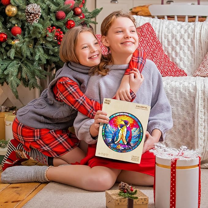 Wooden Puzzles for Adults - Colorful Couple Penguins Wooden Jigsaw Puzzle, Unique Animal Shaped Wood Puzzles Adult, Christmas Birthday Gifts for Friends/Family, Home Decor 13.4 * 13.4in 295pcs