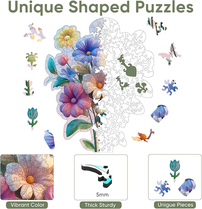 Ruikiyart Wooden Puzzles for Adults, 5MM 200 Pieces Flower Wooden Jigsaw Puzzles, Floral Puzzle Unique Shaped Gifts for Adults and Kids on Thanksgiving, Christmas Family Puzzle Games (9.4"*11.4")
