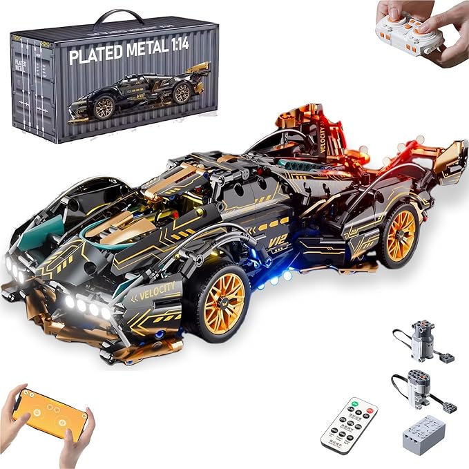 1:14-Scale RC Car Model Kit - Black-and-Gold Retro Supercar with APP Control, LED Lights, and Functional Scissor Doors for Creative Teens and Adult Hobbyists (1314 Pieces)