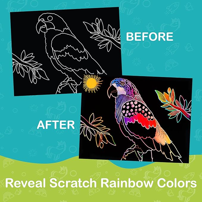 Craftikit ® Rainbow Adventure Foil Art & Scratch Art for Kids- 2-in-1 Arts and Crafts Kit for Kids Ages 4-10 - Rainbow Crafts for Boys Ages 4, 5, 6, 7, 8, 9, 10