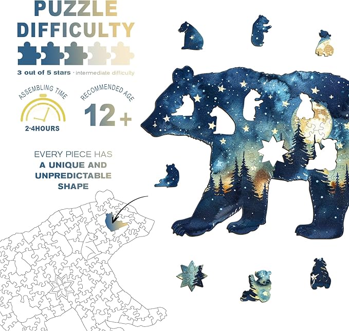 Wooden Puzzles for Adults - Astral Bear Wooden Jigsaw Puzzle - Unique Animal Shaped Wood Puzzles Adult - Christmas Birthday Gifts for Adults/Friends/Family - 145 Pcs 12.2 * 8.1in