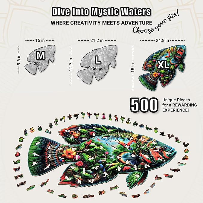 LEOGOR Wooden Jigsaw Puzzles for Adults 500 Pieces (24.8 x 15 in), Fish Shaped Puzzle, Large Sea Life Scene, Beautiful Animal Shapes, Extra-Thick 5mm Wood Puzzle Pieces, Unique Gift for Family Fun
