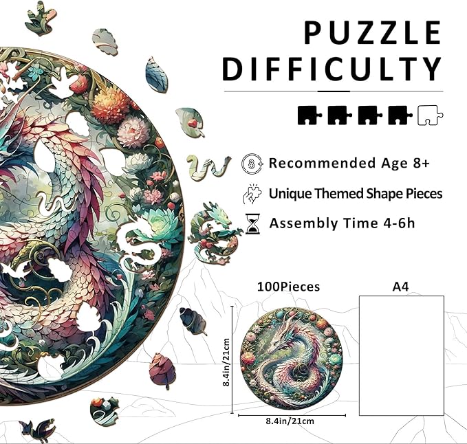 Wooden Puzzles for Adults - Mandala Dragon Wood Puzzles Adult - Unique Animal Shape Wooden Jigsaw Puzzles for Adults - Birthday Gifts for Puzzle Lovers, Family (8.4 * 8.4in)