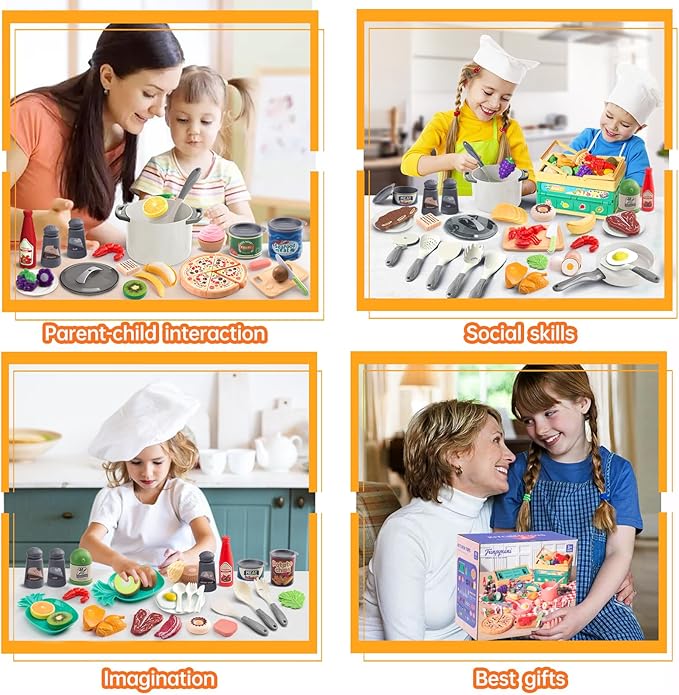 80Pcs Kitchen Playset, Toddler Pretend Cooking with Pots, Pans, Cookware, Food, Picnic Blanket, Fruits, Veges, Shopping Storage Basket, Dessert , Learning Gift for Girls Boys (White)