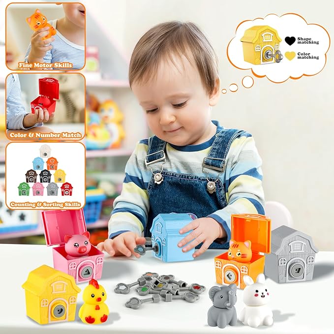Toddler Learning Farm Barn Animals Toys - Includes 10 Animals, 10 Barns,10 Keys - Montessori Counting, Matching, Sorting - Educational Farm Animal Toys for Kids