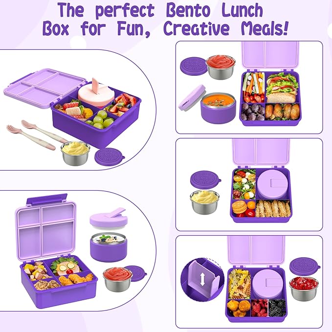 Kids Bento Lunch Box with 8oz Soup Thermo, Kids Leakproof Lunch Food Containers with 4 Compartment,Insulated Hot Food Jar with Lunch Bag for School, Travel (Purple)