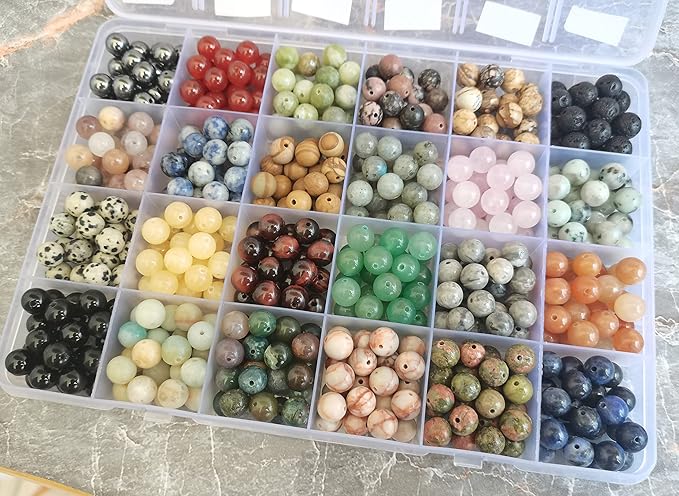 480pcs Natural Round Stone Beads Genuine Real Stones Beading Loose Gemstone DIY for Bracelet Necklace Earrings Jewelry Making (8mm, 24 Color)