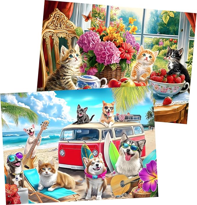 2 Pack 300 Pieces Puzzle for Adults, Dog Kittens Jigsaw Puzzles, Recycled Cardboard Puzzles 300 Pieces, Birthday and Barious Holiday Party for Family Kids and Adult, Funny Puzzle for Adults 20.5x15in