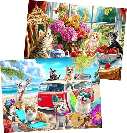 2 Pack 300 Pieces Puzzle for Adults, Dog Kittens Jigsaw Puzzles, Recycled Cardboard Puzzles 300 Pieces, Birthday and Barious Holiday Party for Family Kids and Adult, Funny Puzzle for Adults 20.5x15in