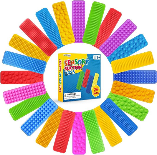 Sensory Fidget Toys Kids Adults: 24 Pack Textured Suction Toys for Autism Kids Calming - Sensory Stickers for Anxiety Relief - Fidget Strips for Classroom Desk - Travel Toys Road Trip Essential