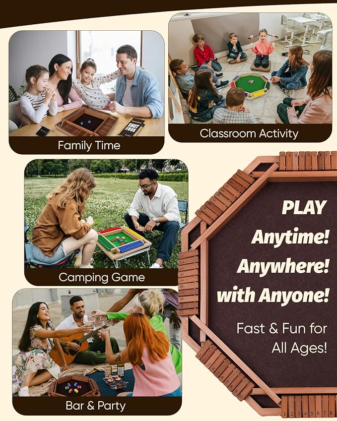 Classic Original Shut The Box Game, Math Dice Board Game for Family Night Classroom Travel, Wooden Tabletop Present for Group Kid Adult Senior, Camp Party Bar, Easy Quick and Fun, 2-4 Players
