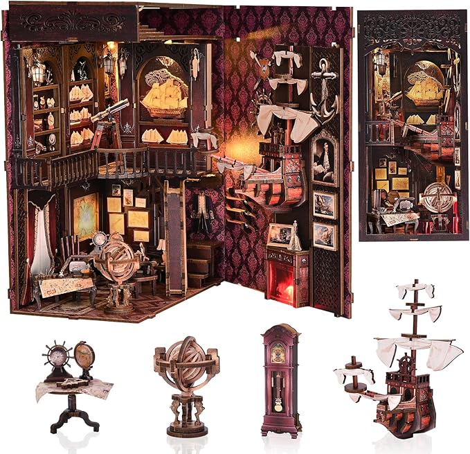Book Nook Kit, Book Nook Kits for Adults and Teens, DIY Miniature Dollhouse Kit 3D Wooden Puzzle Booknook Bookend with LED Light