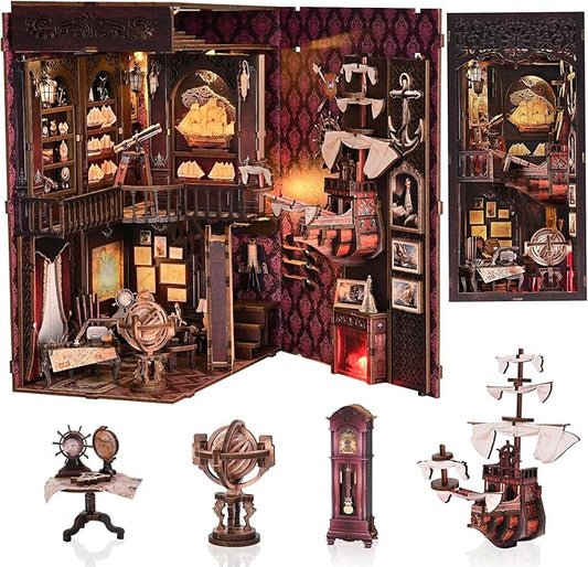 Book Nook Kit, Book Nook Kits for Adults and Teens, DIY Miniature Dollhouse Kit 3D Wooden Puzzle Booknook Bookend with LED Light