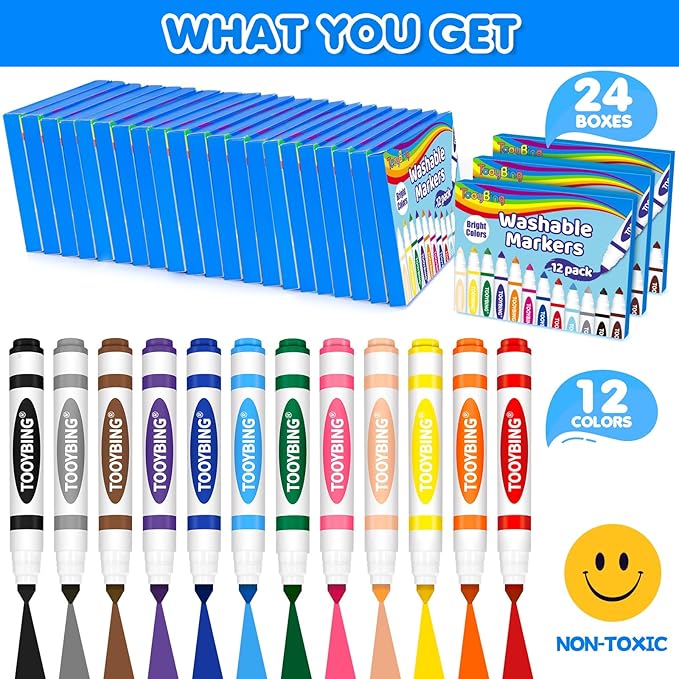 Washable Markers Bulk (288 Count, 24 Box), 12 Assorted Colors, Washable Markers for Kids Classroom School, Broad Tip Durable for Back to Classroom Art School Supplies Essentials