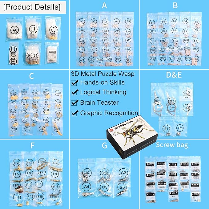 3D Metal Wasp Puzzles for Adults Model Kits Mechanical Puzzle Building Blocks, Difficult DIY for Assembly Gifts for Men (Black+Gold)