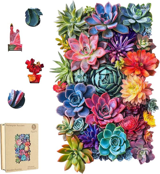 delobil Rectangular Succulent Wooden Puzzles, 200 Pieces Jigsaw Puzzles 12.6'' x8'', Unique Design Liberty Wooden Puzzles for Adults and Kids, Family Game Gift Royal Size