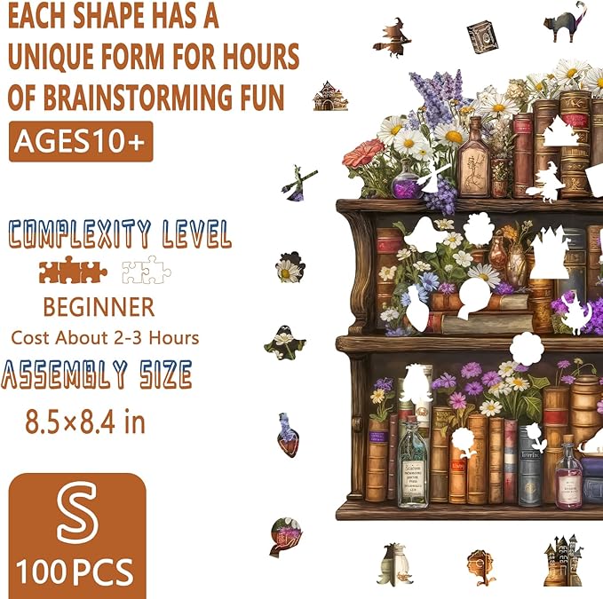 Wooden Puzzles for Adults, Magic Bookshelf Wooden Jigsaw Puzzle for Adults, Wood Puzzles Adult, Unique Animal Shape, Fun Gifts for Friends & Family, Home Decor(S -8.5 * 8.4in-100 pcs)