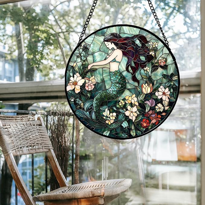 Stained Glass Window Hanging - Teal Sleeping Mermaid Suncatcher for Door Terrace Garden Home Decor, Sea of Flowers Sun Catcher Birthday Gifts for Lovers Women Men Dad Mom Nana 7.8 in