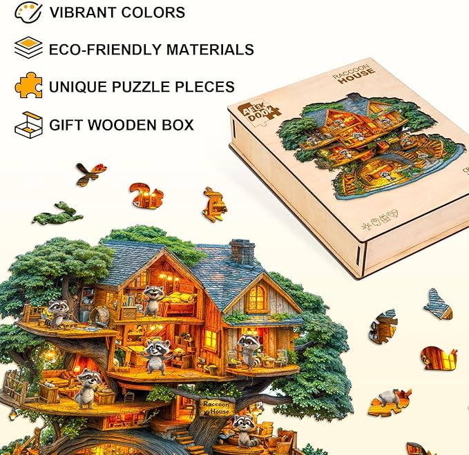 Wooden Puzzles for Adults - 200 Pieces Raccoon House Wood Puzzle - Unique Shapes Wooden Jigsaw Puzzles for Adults - Eco-Friendly Home Office Decor (11.4 * 11.2in)