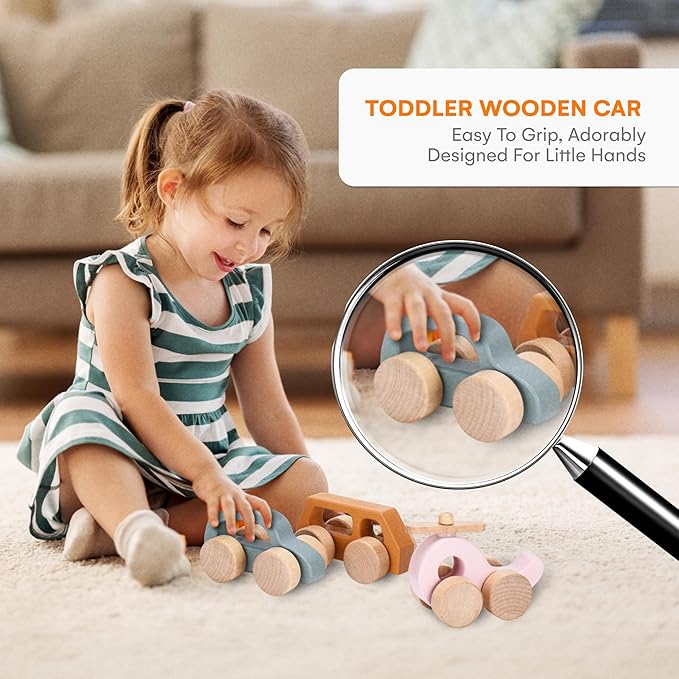 CHILDLIKE BEHAVIOR Wooden Cars for Toddlers 1-3 - Wood Push Truck Vehicle - Montessori Car Toys - Wooden Rattle Teething Toys - Colorful Wood Cars for Kids, Boys, & Girls (Set of 3)