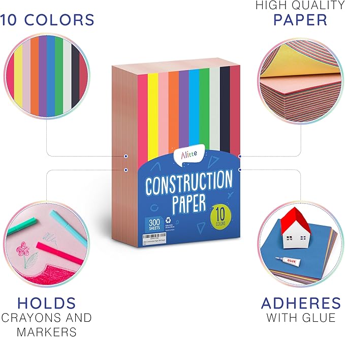 Alitte Construction Paper Assorted Colors - (300 Sheets, 9x12), Craft Paper, 10 Bright Colors - Bulk Pack Arts & Crafts Projects - Colored Paper For Preschool, Home, And Classroom Supplies