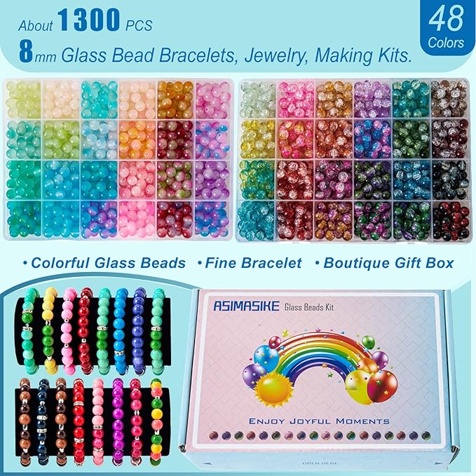 1300 Pcs Round Glass Beads for Jewelry Making – 8mm Beads in 48 Colors, 2 Box Set of Bulk Glass Beads for Bracelets, Crafts & DIY Gifts
