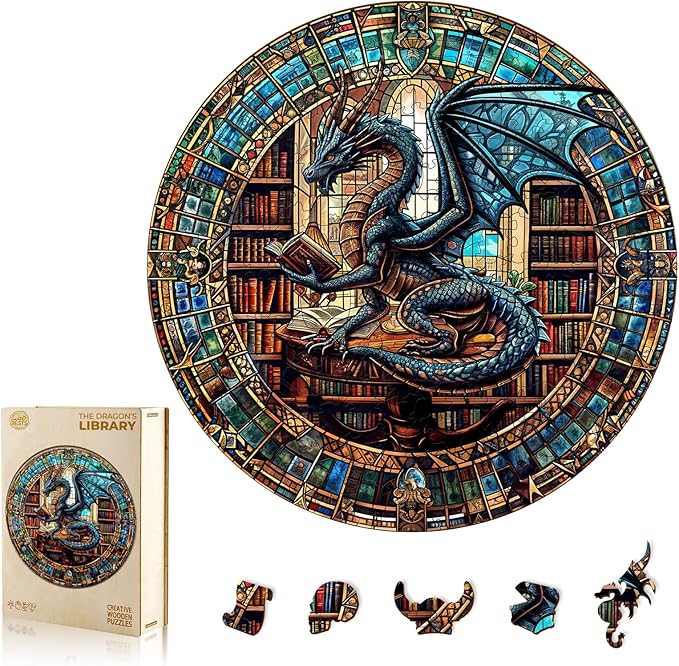 WOODBESTS Wooden Puzzles for Adults (200 Piece, M, 11.4"x11.4") Dragon's Library Wood Puzzle Adult, Unique Wooden Animal Jigsaw Puzzles, Family Game and Birthday Gifts for Friend