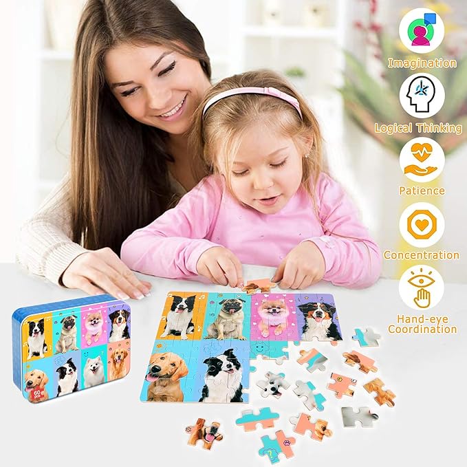 LELEMON Puzzles for Kids Ages 4-6,Dog 60 Piece Puzzles for Kids Ages 4-8,Children Jigsaw Puzzles Kids Puzzles in a Metal Box,Educational Learning Puzzle Toys for Girls and Boys