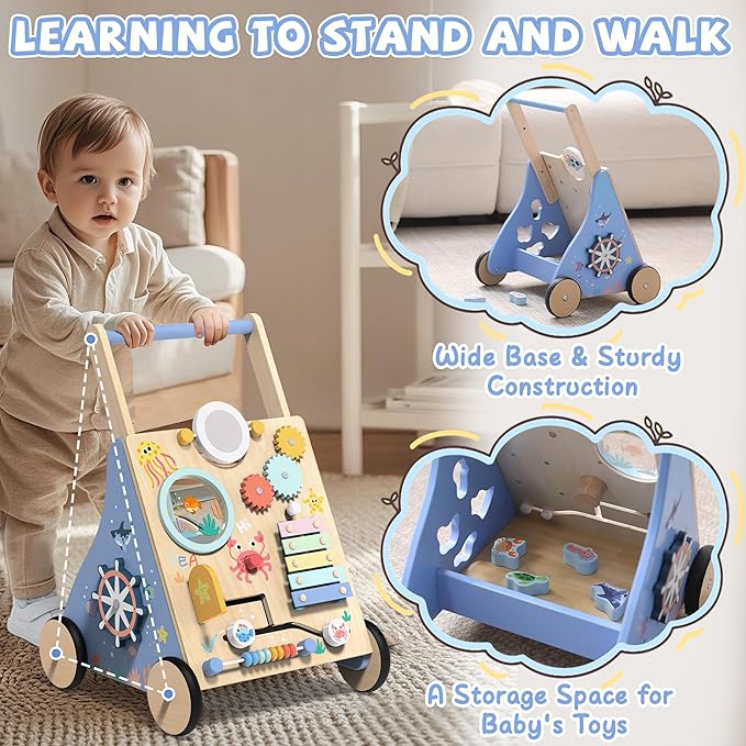 Wooden Baby Walker with Activity Center, Montessori Push Walker Toy for Babies 18 Months+, Sit to Stand Walker with Wheels for Boys & Girls, Infants to Toddler